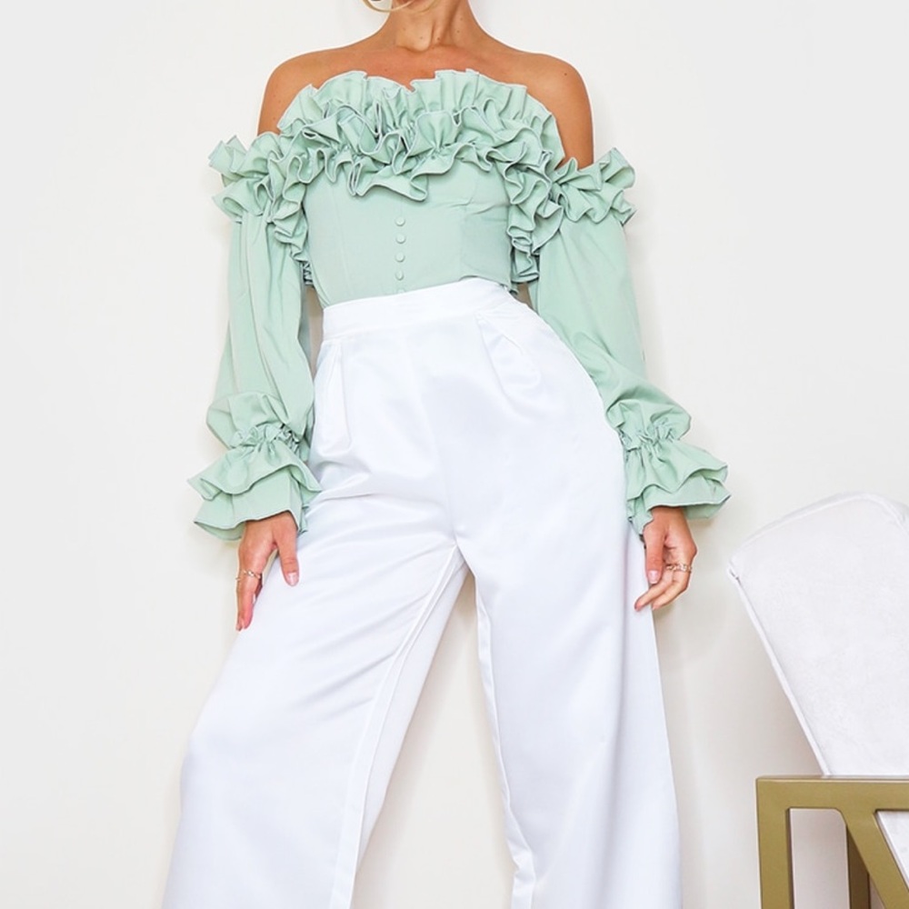 Sage Green Ruffle Hem Off Shoulder Long Sleeve Top.